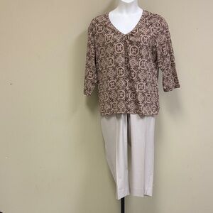 Talbots Beige Patterned Blouse with Kahki Capris set